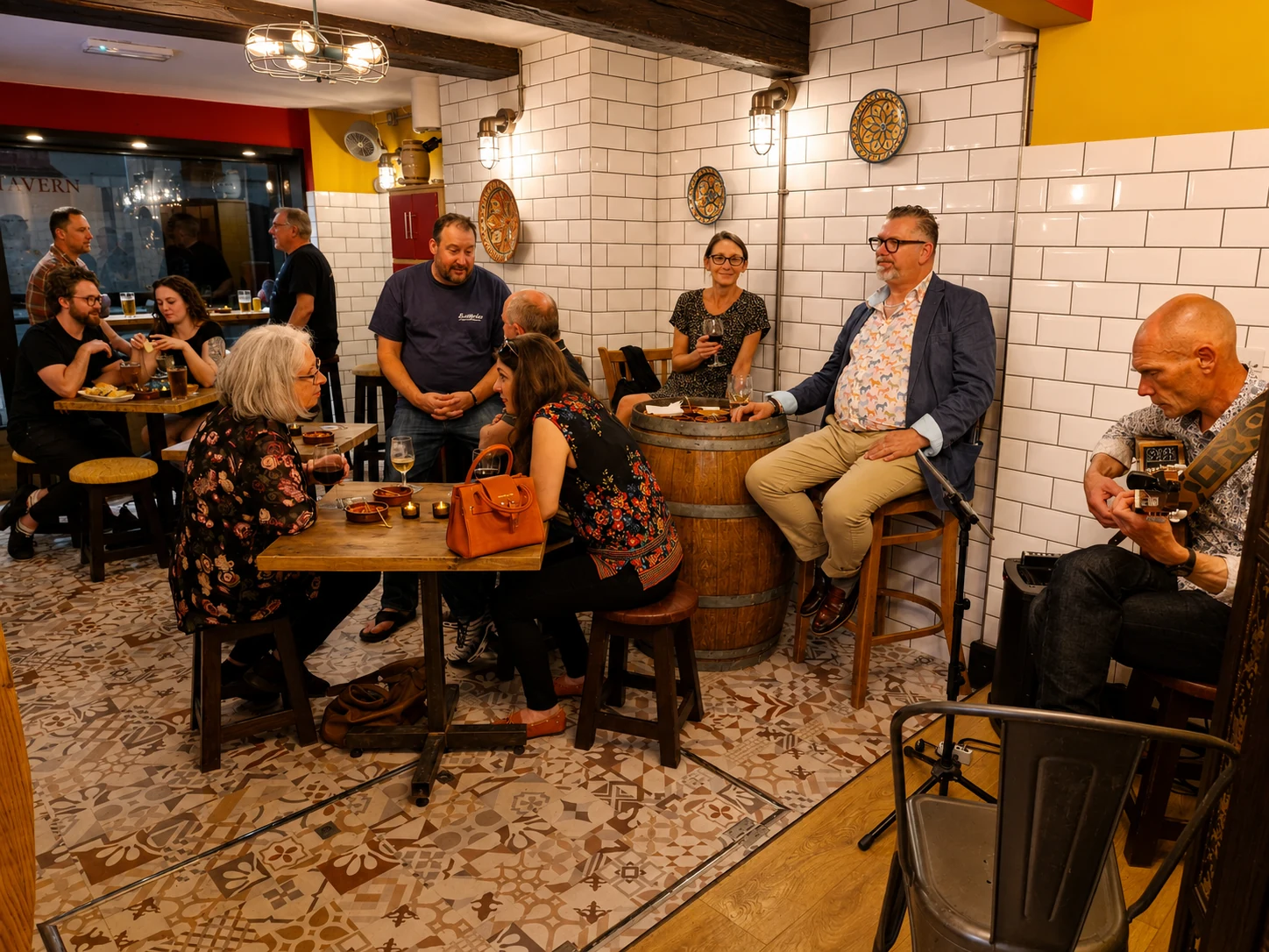 Guests enjoying food, wine and live music inside Bodega 19