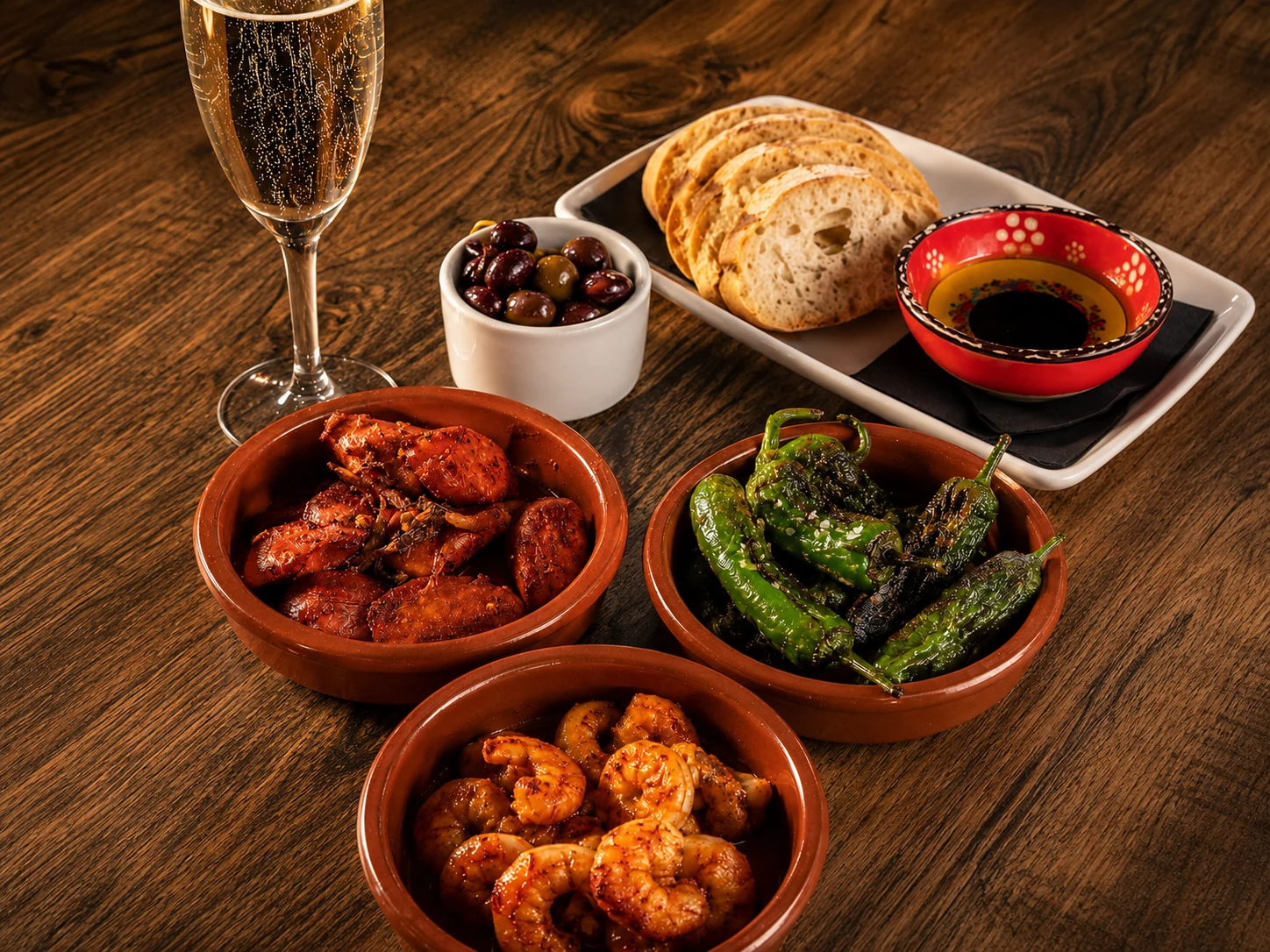A sharing board of chorizo, padrón peppers, prawns, olives and bread