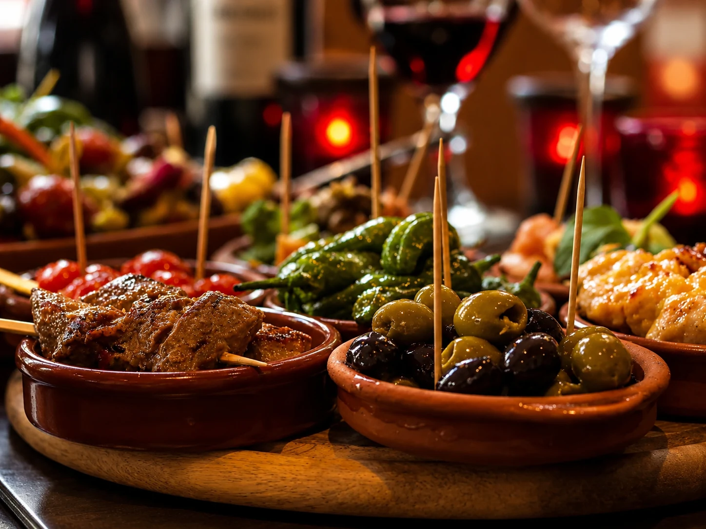 A close-up of tapas dishes, olives and Spanish red wine